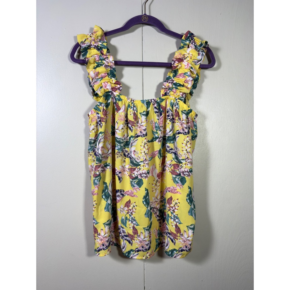 Alex & Lili Yellow Floral Ruffle Strap Square Neck Blouse L Cottagecore Coastal